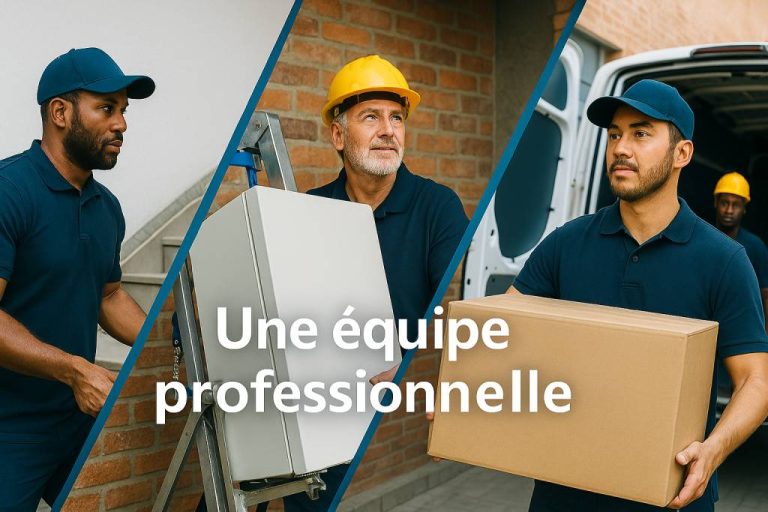 Équipe de déménageurs professionnels transportant des cartons et du matériel, service de déménagement de l’ASBL Boulot.