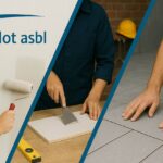 Bannière de l’asbl Boulot montrant la formation en rénovation du bâtiment à Bruxelles : à gauche un mur peint au rouleau, au centre un atelier avec outils, à droite des mains posant des carreaux de sol.