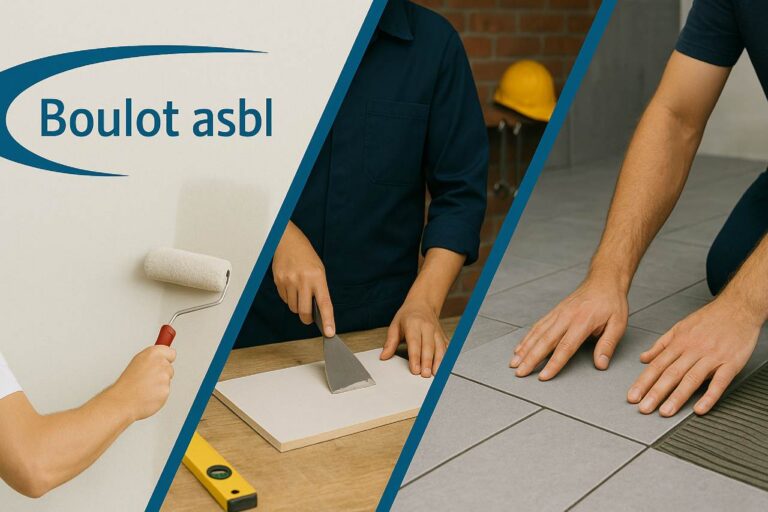 Bannière de l’asbl Boulot montrant la formation en rénovation du bâtiment à Bruxelles : à gauche un mur peint au rouleau, au centre un atelier avec outils, à droite des mains posant des carreaux de sol.