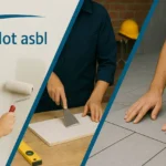 Bannière de l’asbl Boulot montrant la formation en rénovation du bâtiment à Bruxelles : à gauche un mur peint au rouleau, au centre un atelier avec outils, à droite des mains posant des carreaux de sol.