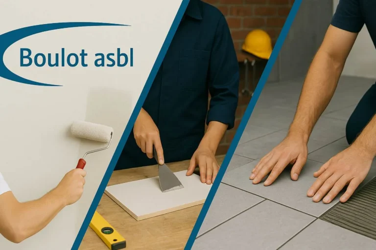 Bannière de l’asbl Boulot montrant la formation en rénovation du bâtiment à Bruxelles : à gauche un mur peint au rouleau, au centre un atelier avec outils, à droite des mains posant des carreaux de sol.