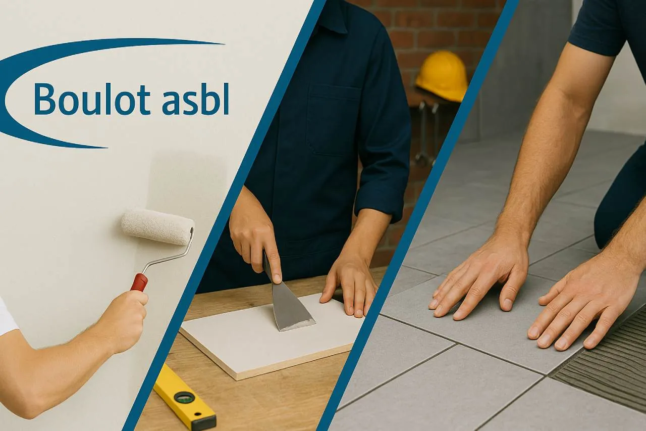 Bannière de l’asbl Boulot montrant la formation en rénovation du bâtiment à Bruxelles : à gauche un mur peint au rouleau, au centre un atelier avec outils, à droite des mains posant des carreaux de sol.