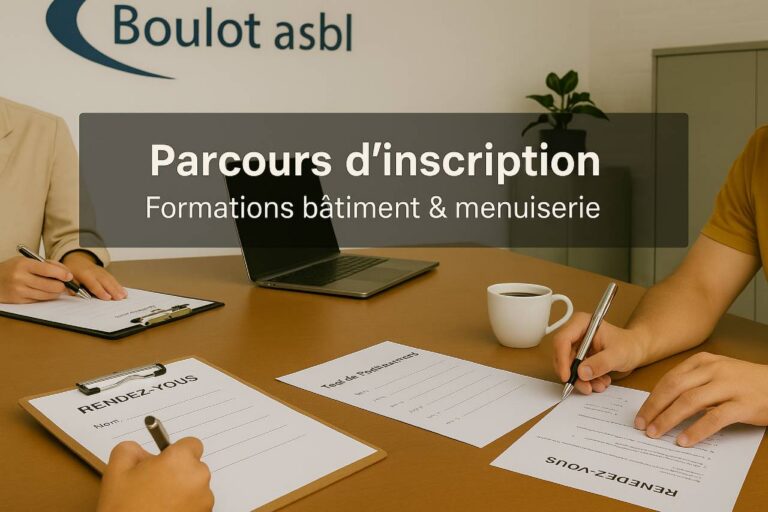 Bannière montrant un rendez-vous d’inscription à Boulot asbl avec formulaires, test de positionnement, laptop et tasse de café sur une table de bureau.