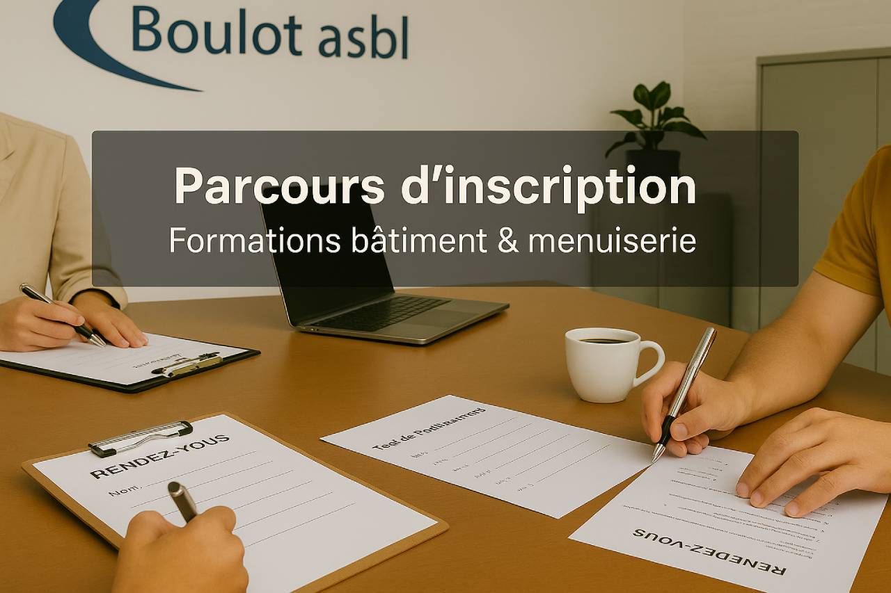 Bannière montrant un rendez-vous d’inscription à Boulot asbl avec formulaires, test de positionnement, laptop et tasse de café sur une table de bureau.