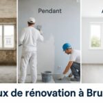 Bannière Avant Pendant Après montrant la transformation d’une pièce lors de travaux de rénovation à Bruxelles.