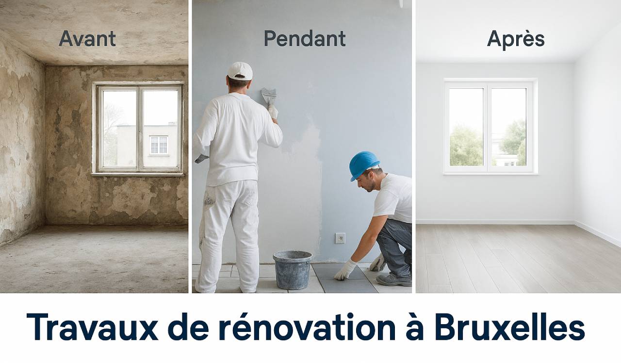 Bannière Avant Pendant Après montrant la transformation d’une pièce lors de travaux de rénovation à Bruxelles.