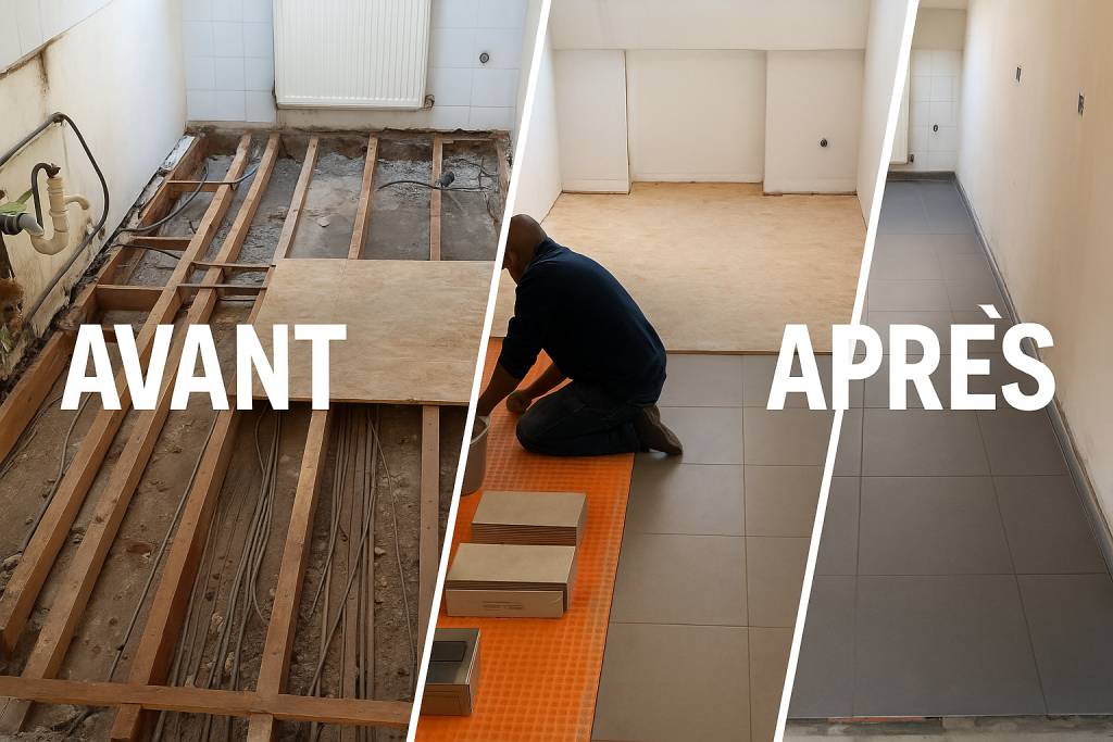 Bannière avant après montrant la rénovation d’un sol avec pose de carrelage à Bruxelles, du démontage à la finition.