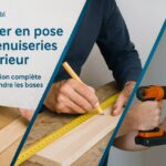 Bannière montrant trois scènes de menuiserie intérieure : pose de parquet, traçage du bois et installation de porte, avec le logo Boulot ASBL.
