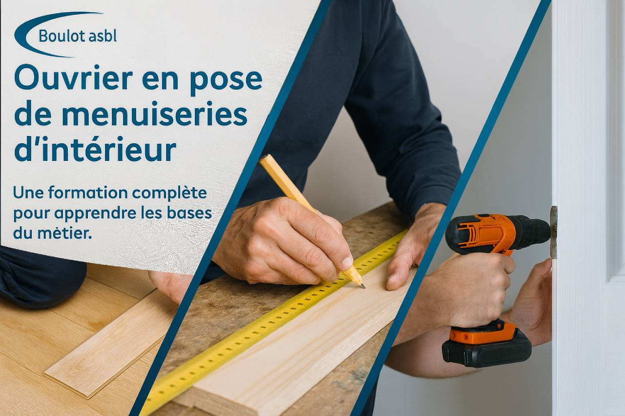 Bannière montrant trois scènes de menuiserie intérieure : pose de parquet, traçage du bois et installation de porte, avec le logo Boulot ASBL.