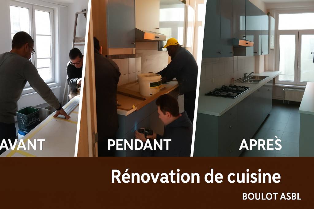 Bannière avant pendant après montrant les étapes d’une rénovation de cuisine à Bruxelles réalisée par Boulot ASBL.